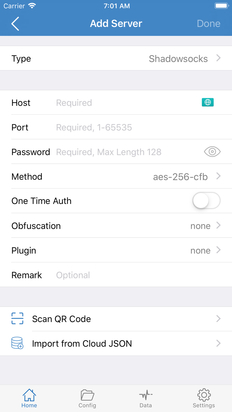 Shadowrocket의 Add Server 화면: Type, Host, Port, Password, Method 및 Scan QR Code 등의 항목 표시