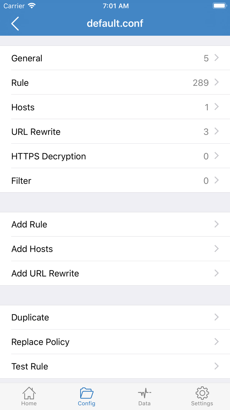 Shadowrocket의 Config 구성 편집 화면: General, Rule, Hosts, URL Rewrite, HTTPS Decryption 및 Add Rule 표시