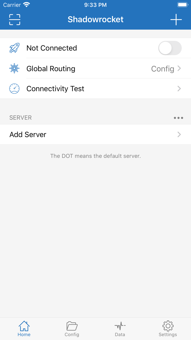 Shadowrocket 官方 Home 截圖，顯示 Not Connected、Global Routing、Connectivity Test 與 Add Server